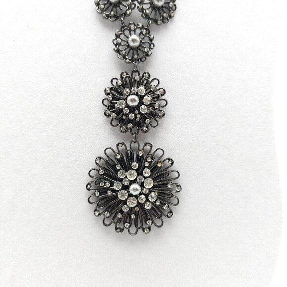 Erica Lyons Black Floral Statement Necklace With Faux Pearls Rhinestones - Picture 2 of 7